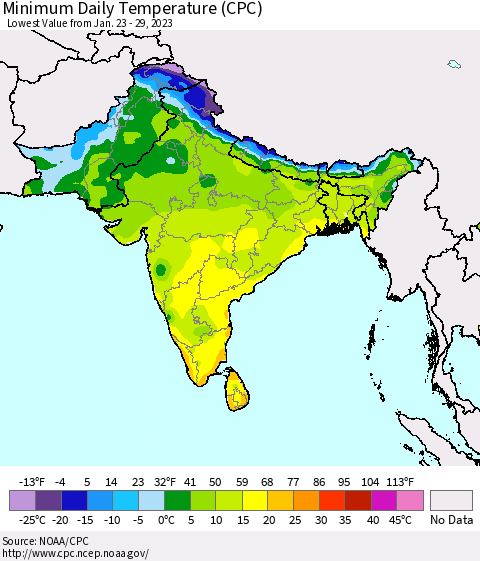 Southern Asia Minimum Daily Temperature (CPC) Thematic Map For 1/23/2023 - 1/29/2023