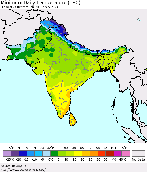 Southern Asia Minimum Daily Temperature (CPC) Thematic Map For 1/30/2023 - 2/5/2023