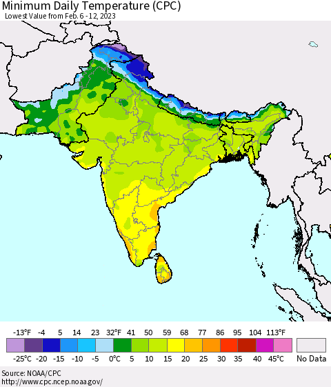 Southern Asia Minimum Daily Temperature (CPC) Thematic Map For 2/6/2023 - 2/12/2023