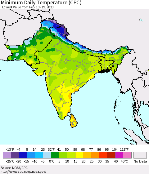 Southern Asia Minimum Daily Temperature (CPC) Thematic Map For 2/13/2023 - 2/19/2023