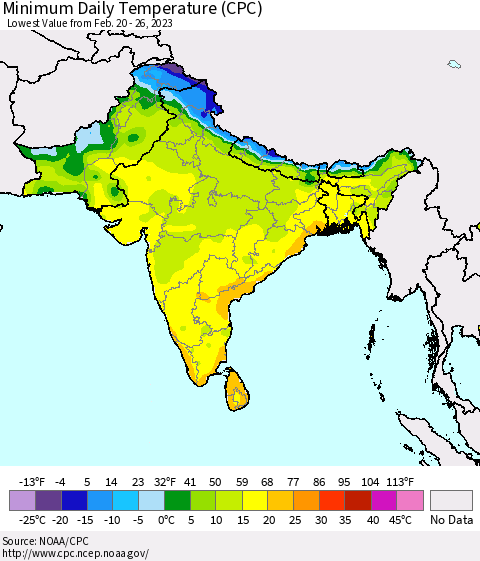 Southern Asia Minimum Daily Temperature (CPC) Thematic Map For 2/20/2023 - 2/26/2023