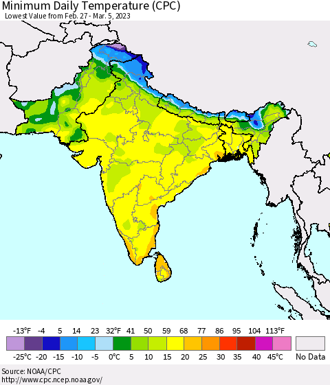 Southern Asia Minimum Daily Temperature (CPC) Thematic Map For 2/27/2023 - 3/5/2023