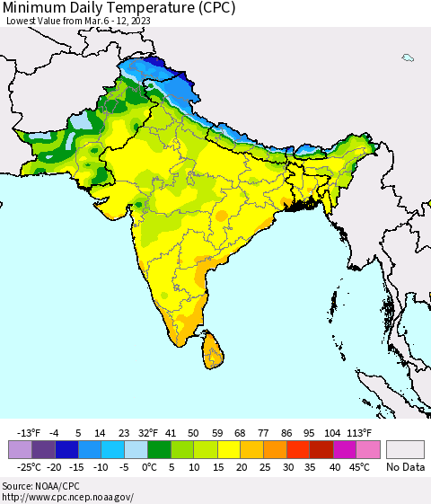 Southern Asia Minimum Daily Temperature (CPC) Thematic Map For 3/6/2023 - 3/12/2023