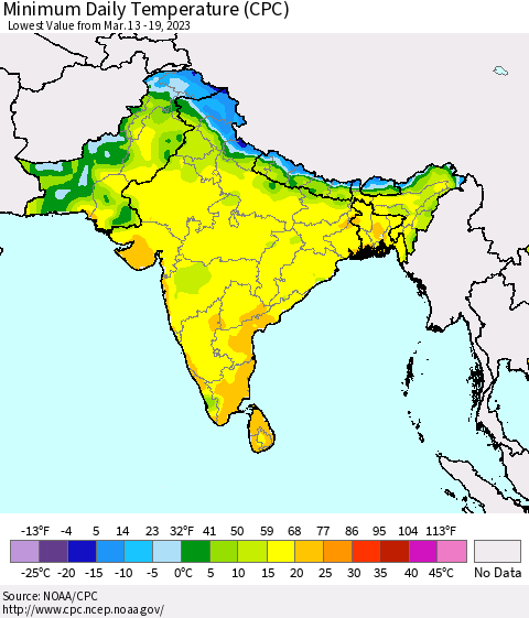 Southern Asia Minimum Daily Temperature (CPC) Thematic Map For 3/13/2023 - 3/19/2023