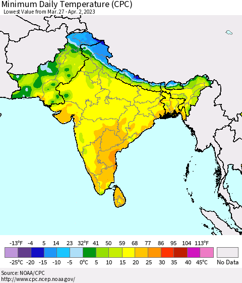Southern Asia Minimum Daily Temperature (CPC) Thematic Map For 3/27/2023 - 4/2/2023