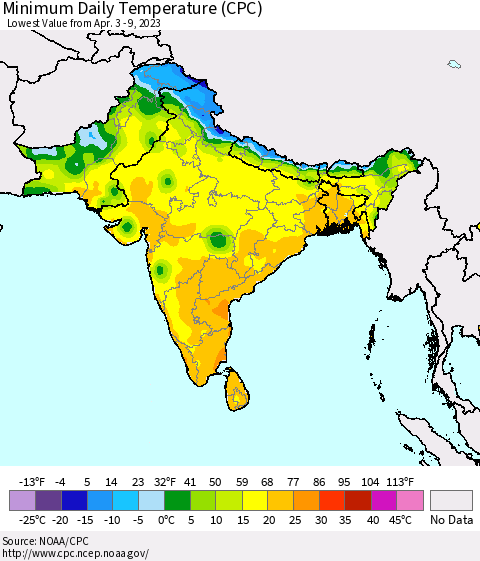 Southern Asia Minimum Daily Temperature (CPC) Thematic Map For 4/3/2023 - 4/9/2023