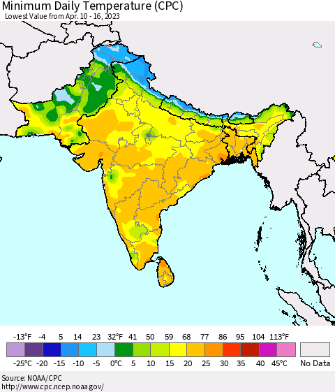 Southern Asia Minimum Daily Temperature (CPC) Thematic Map For 4/10/2023 - 4/16/2023