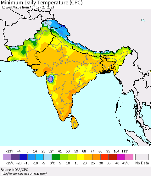 Southern Asia Minimum Daily Temperature (CPC) Thematic Map For 4/17/2023 - 4/23/2023