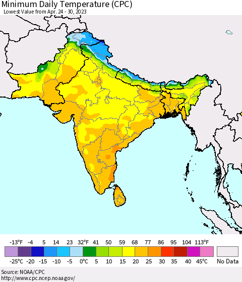 Southern Asia Minimum Daily Temperature (CPC) Thematic Map For 4/24/2023 - 4/30/2023