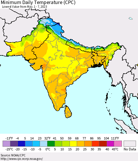 Southern Asia Minimum Daily Temperature (CPC) Thematic Map For 5/1/2023 - 5/7/2023