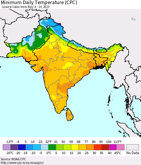 Southern Asia Minimum Daily Temperature (CPC) Thematic Map For 5/8/2023 - 5/14/2023
