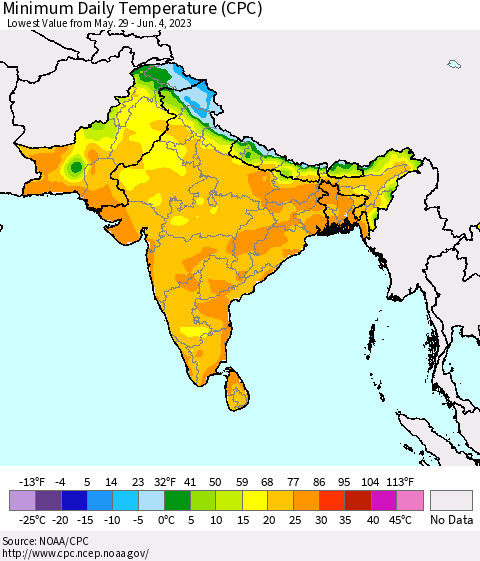 Southern Asia Minimum Daily Temperature (CPC) Thematic Map For 5/29/2023 - 6/4/2023