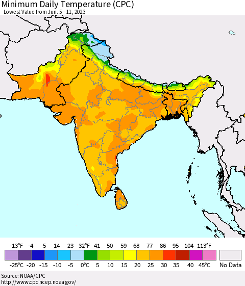Southern Asia Minimum Daily Temperature (CPC) Thematic Map For 6/5/2023 - 6/11/2023