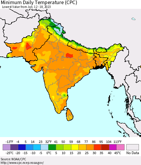 Southern Asia Minimum Daily Temperature (CPC) Thematic Map For 6/12/2023 - 6/18/2023