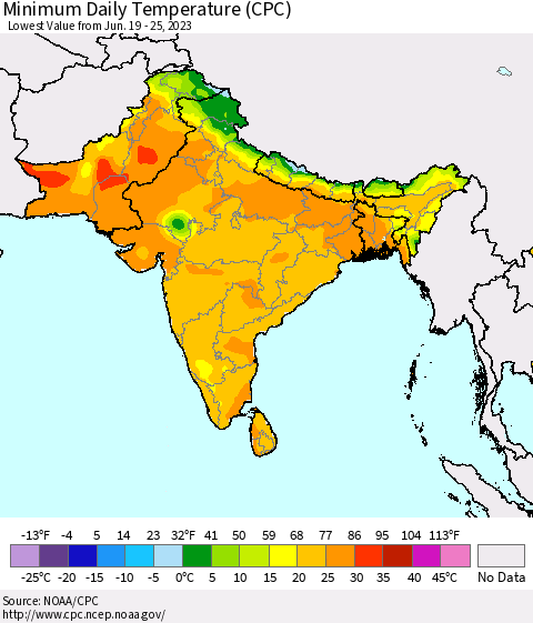 Southern Asia Minimum Daily Temperature (CPC) Thematic Map For 6/19/2023 - 6/25/2023
