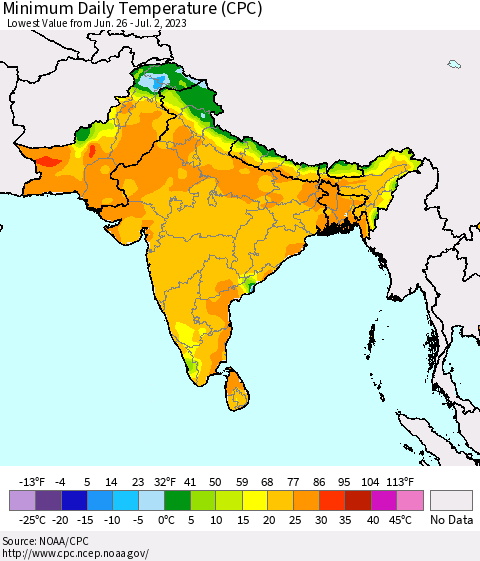 Southern Asia Minimum Daily Temperature (CPC) Thematic Map For 6/26/2023 - 7/2/2023