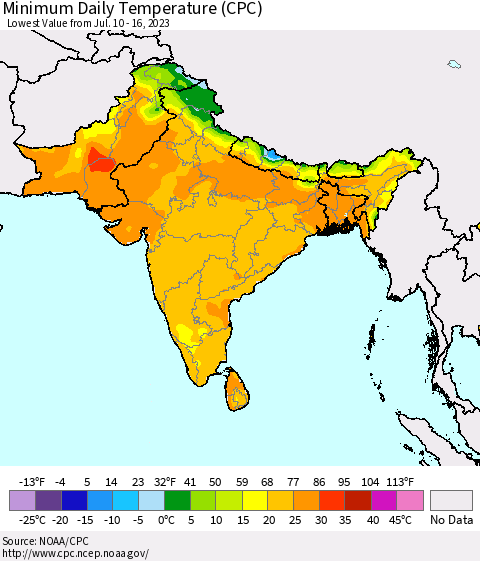 Southern Asia Minimum Daily Temperature (CPC) Thematic Map For 7/10/2023 - 7/16/2023