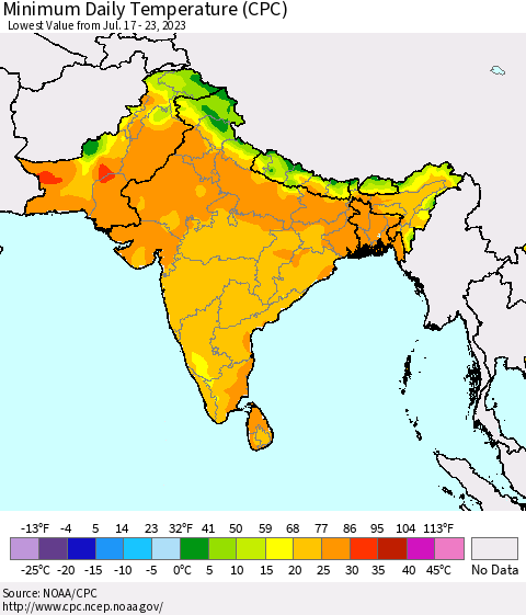 Southern Asia Minimum Daily Temperature (CPC) Thematic Map For 7/17/2023 - 7/23/2023