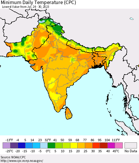 Southern Asia Minimum Daily Temperature (CPC) Thematic Map For 7/24/2023 - 7/30/2023