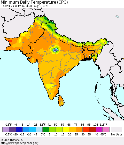 Southern Asia Minimum Daily Temperature (CPC) Thematic Map For 7/31/2023 - 8/6/2023