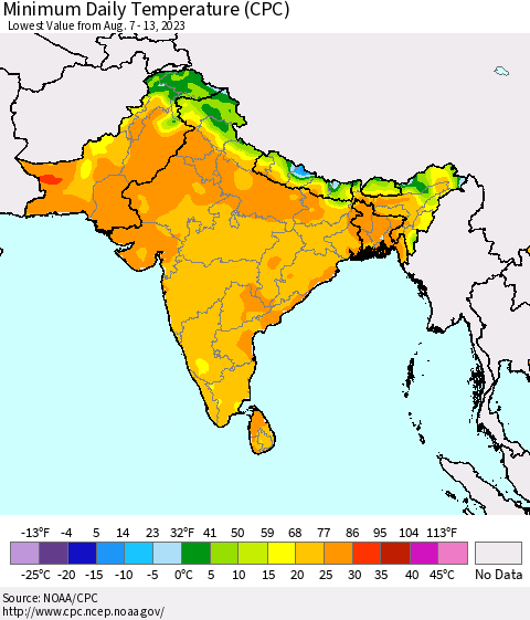 Southern Asia Minimum Daily Temperature (CPC) Thematic Map For 8/7/2023 - 8/13/2023