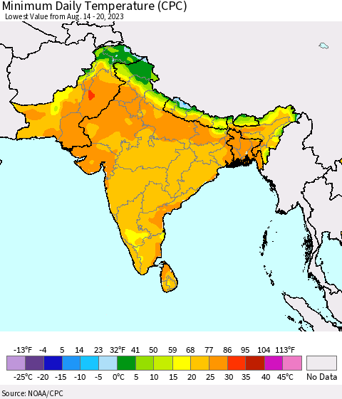 Southern Asia Minimum Daily Temperature (CPC) Thematic Map For 8/14/2023 - 8/20/2023