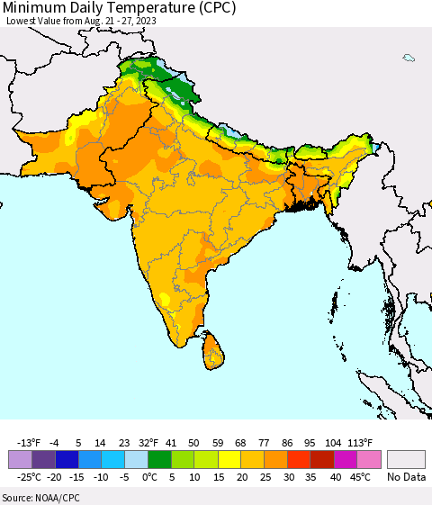 Southern Asia Minimum Daily Temperature (CPC) Thematic Map For 8/21/2023 - 8/27/2023