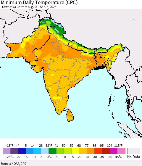 Southern Asia Minimum Daily Temperature (CPC) Thematic Map For 8/28/2023 - 9/3/2023