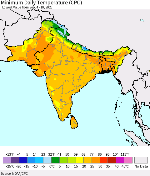 Southern Asia Minimum Daily Temperature (CPC) Thematic Map For 9/4/2023 - 9/10/2023