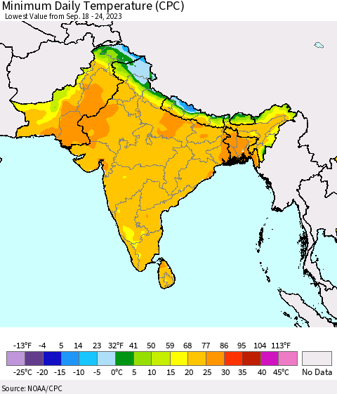 Southern Asia Minimum Daily Temperature (CPC) Thematic Map For 9/18/2023 - 9/24/2023