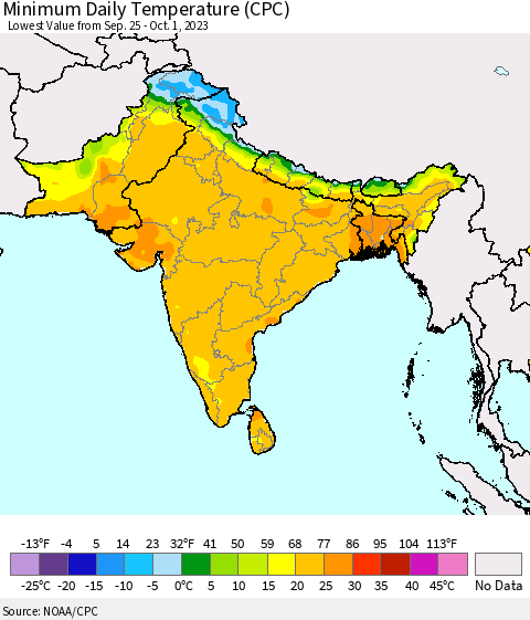 Southern Asia Minimum Daily Temperature (CPC) Thematic Map For 9/25/2023 - 10/1/2023