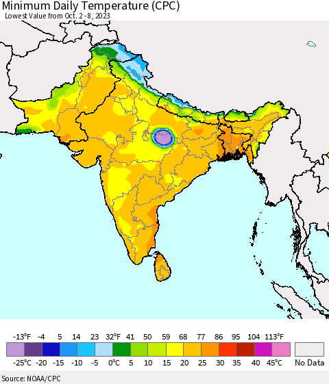 Southern Asia Minimum Daily Temperature (CPC) Thematic Map For 10/2/2023 - 10/8/2023
