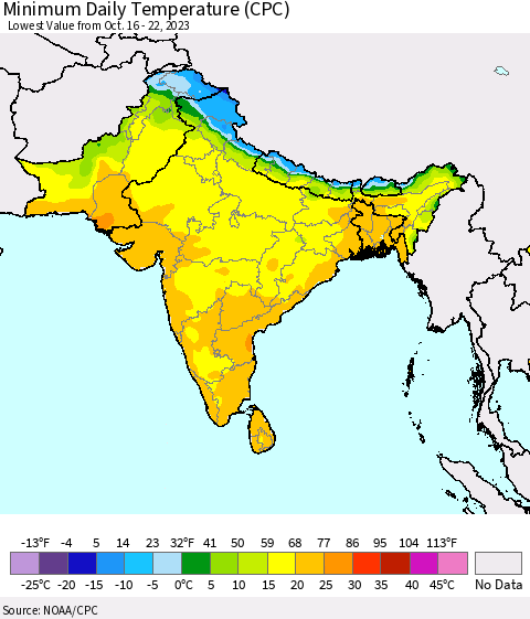 Southern Asia Minimum Daily Temperature (CPC) Thematic Map For 10/16/2023 - 10/22/2023