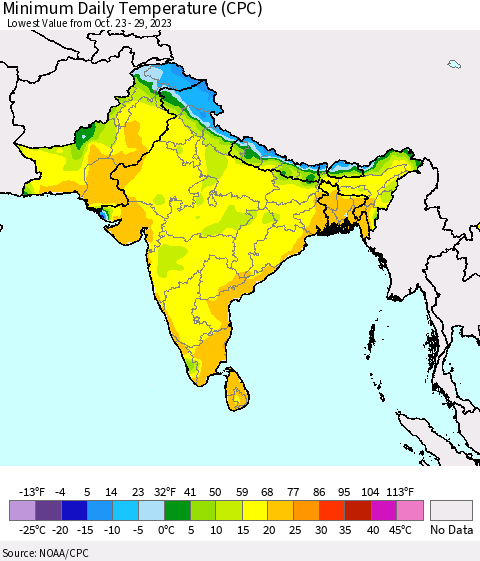 Southern Asia Minimum Daily Temperature (CPC) Thematic Map For 10/23/2023 - 10/29/2023