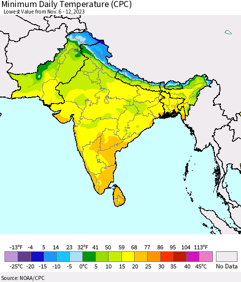 Southern Asia Minimum Daily Temperature (CPC) Thematic Map For 11/6/2023 - 11/12/2023