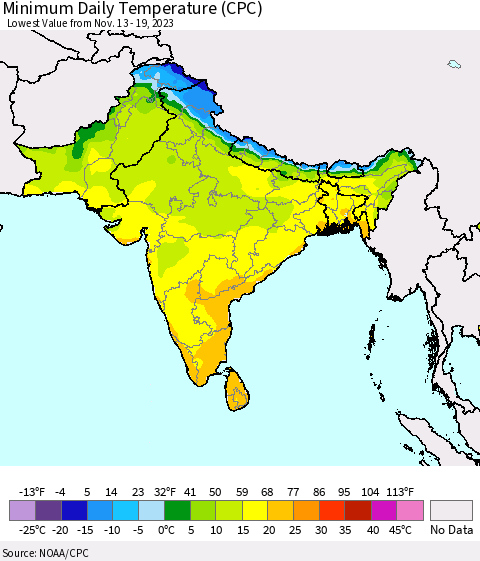 Southern Asia Minimum Daily Temperature (CPC) Thematic Map For 11/13/2023 - 11/19/2023