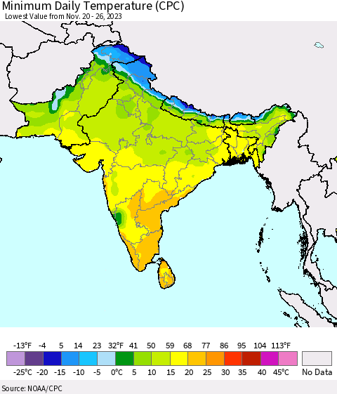 Southern Asia Minimum Daily Temperature (CPC) Thematic Map For 11/20/2023 - 11/26/2023