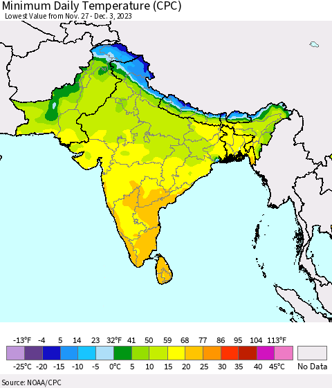 Southern Asia Minimum Daily Temperature (CPC) Thematic Map For 11/27/2023 - 12/3/2023