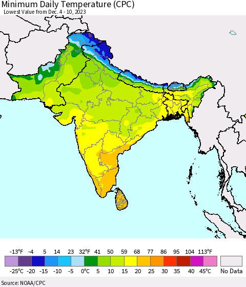 Southern Asia Minimum Daily Temperature (CPC) Thematic Map For 12/4/2023 - 12/10/2023