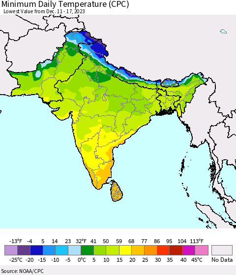 Southern Asia Minimum Daily Temperature (CPC) Thematic Map For 12/11/2023 - 12/17/2023