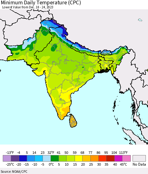 Southern Asia Minimum Daily Temperature (CPC) Thematic Map For 12/18/2023 - 12/24/2023