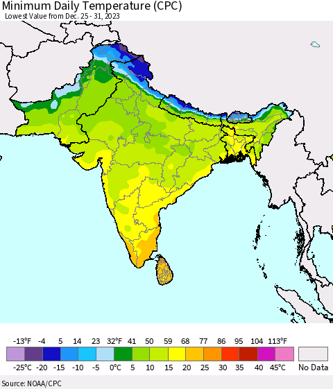 Southern Asia Minimum Daily Temperature (CPC) Thematic Map For 12/25/2023 - 12/31/2023