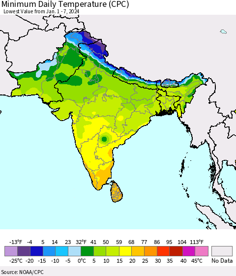 Southern Asia Minimum Daily Temperature (CPC) Thematic Map For 1/1/2024 - 1/7/2024