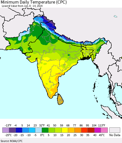 Southern Asia Minimum Daily Temperature (CPC) Thematic Map For 1/8/2024 - 1/14/2024