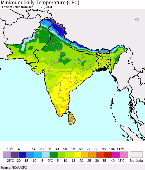 Southern Asia Minimum Daily Temperature (CPC) Thematic Map For 1/15/2024 - 1/21/2024