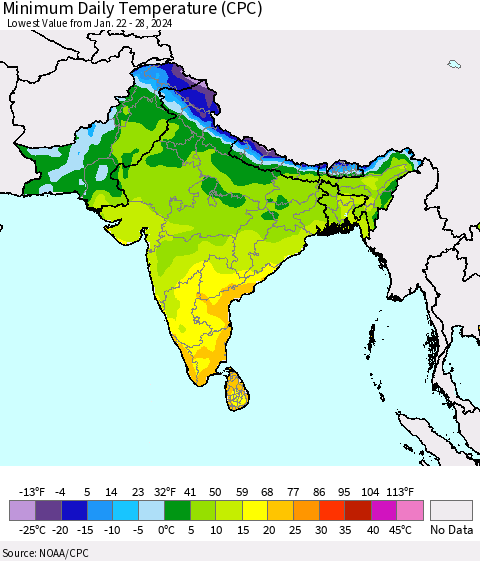 Southern Asia Minimum Daily Temperature (CPC) Thematic Map For 1/22/2024 - 1/28/2024