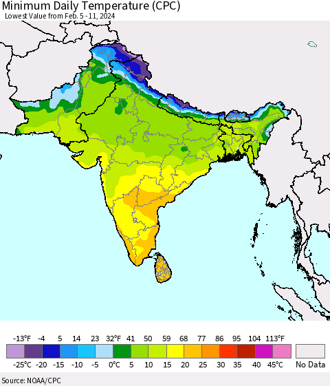 Southern Asia Minimum Daily Temperature (CPC) Thematic Map For 2/5/2024 - 2/11/2024