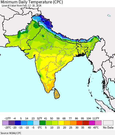 Southern Asia Minimum Daily Temperature (CPC) Thematic Map For 2/12/2024 - 2/18/2024