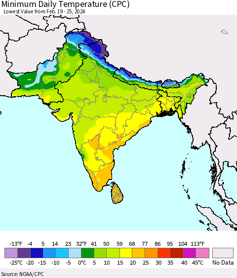 Southern Asia Minimum Daily Temperature (CPC) Thematic Map For 2/19/2024 - 2/25/2024