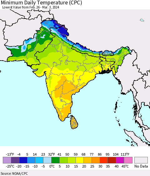 Southern Asia Minimum Daily Temperature (CPC) Thematic Map For 2/26/2024 - 3/3/2024
